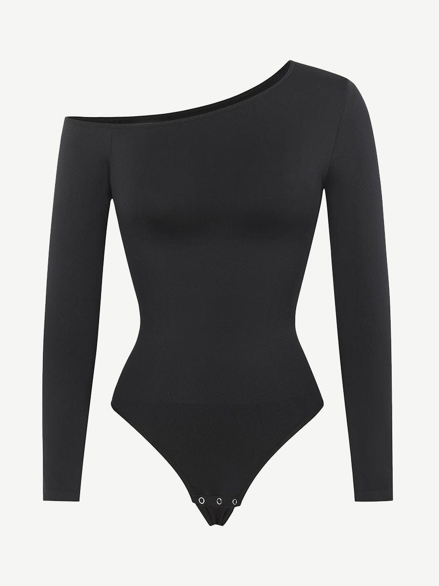 Wholesale Seamless Diagonal Neck Long Sleeve Waist Trimming Thong Bodysuit